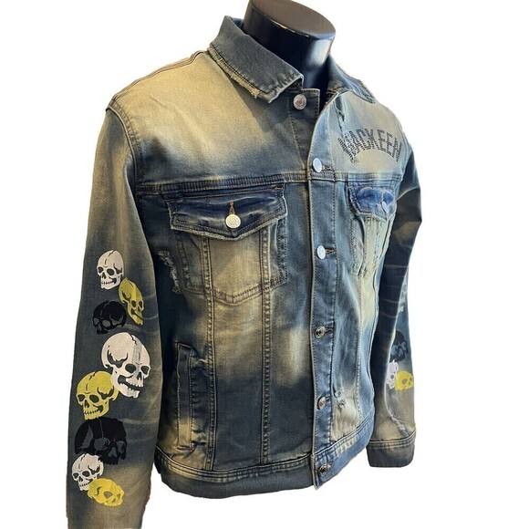 Mackeen Distressed Skull Biker Dark Jacket Mens Sz Large Embellished - Picture 8 of 16